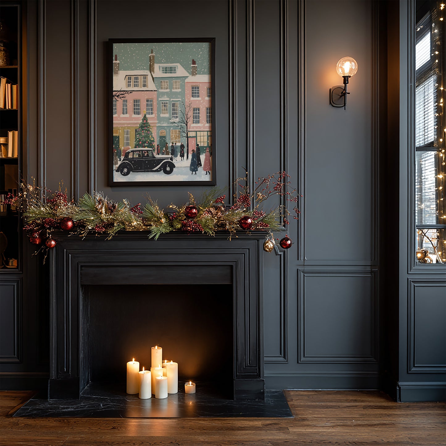 Whimsical Vintage Christmas Town Scene Matte Vertical Poster Art Print