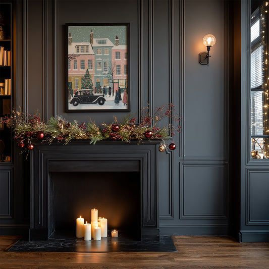 Whimsical Vintage Christmas Town Scene Matte Vertical Poster Art Print