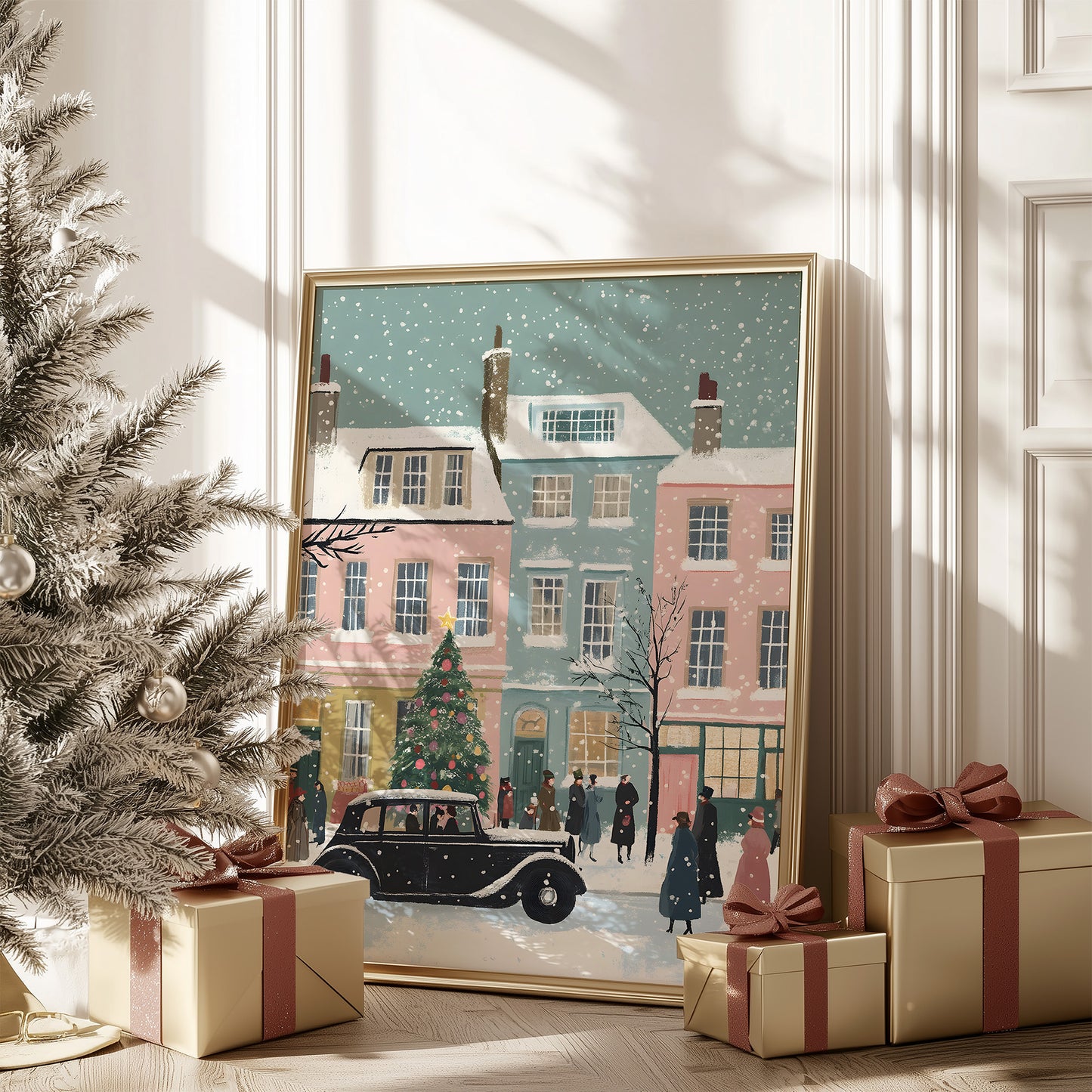 Whimsical Vintage Christmas Town Scene Matte Vertical Poster Art Print