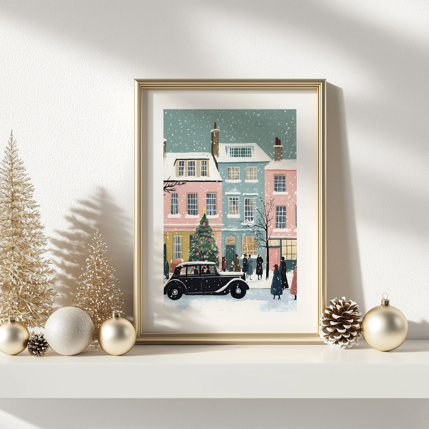 Whimsical Vintage Christmas Town Scene Matte Vertical Poster Art Print