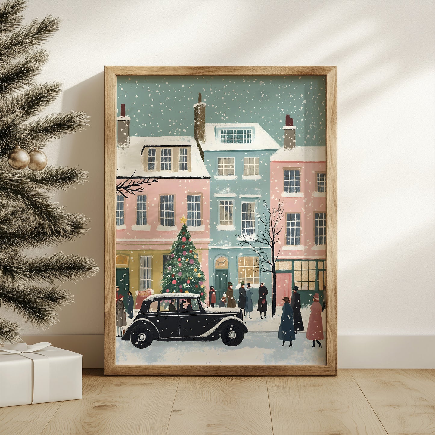 Whimsical Vintage Christmas Town Scene Matte Vertical Poster Art Print