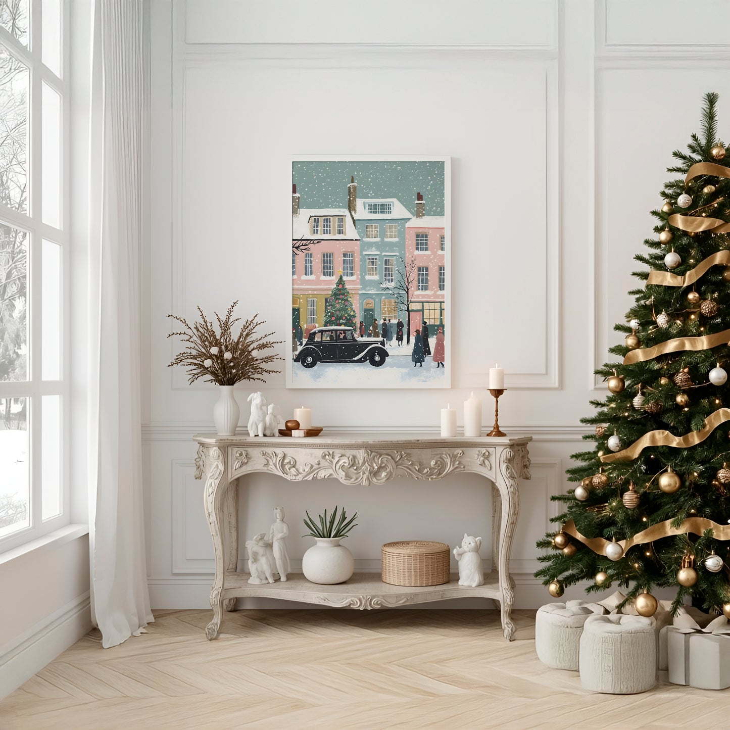 Whimsical Vintage Christmas Town Scene Matte Vertical Poster Art Print