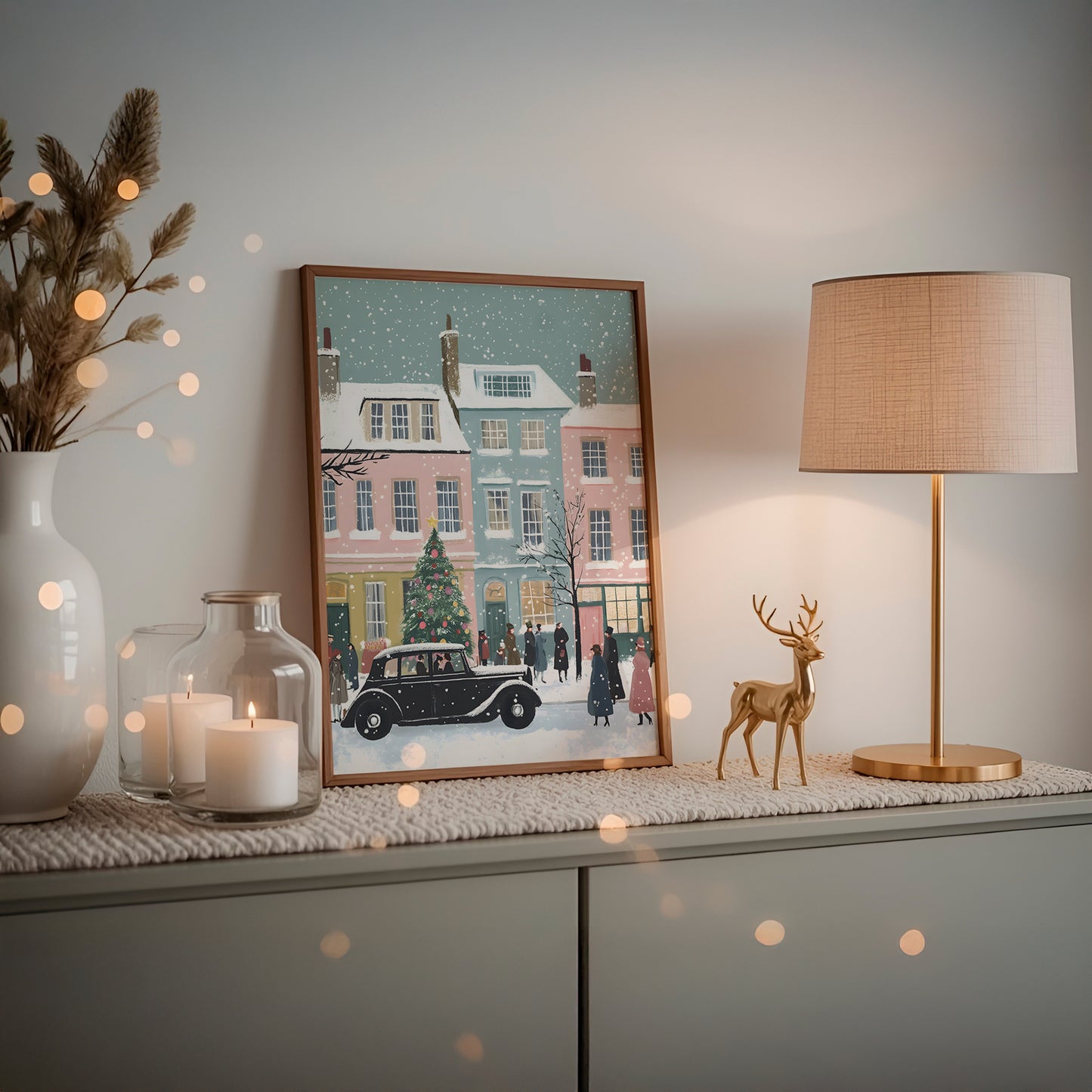 Whimsical Vintage Christmas Town Scene Matte Vertical Poster Art Print