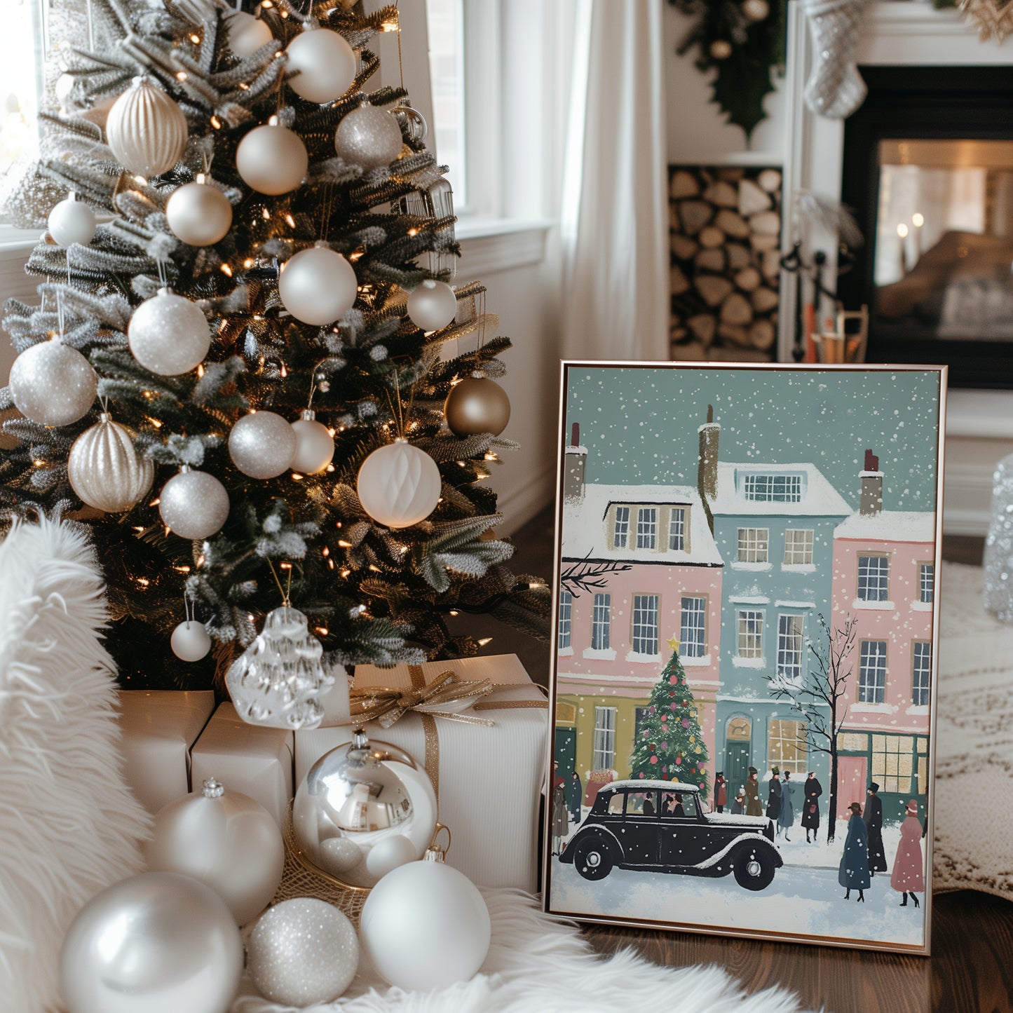 Whimsical Vintage Christmas Town Scene Matte Vertical Poster Art Print