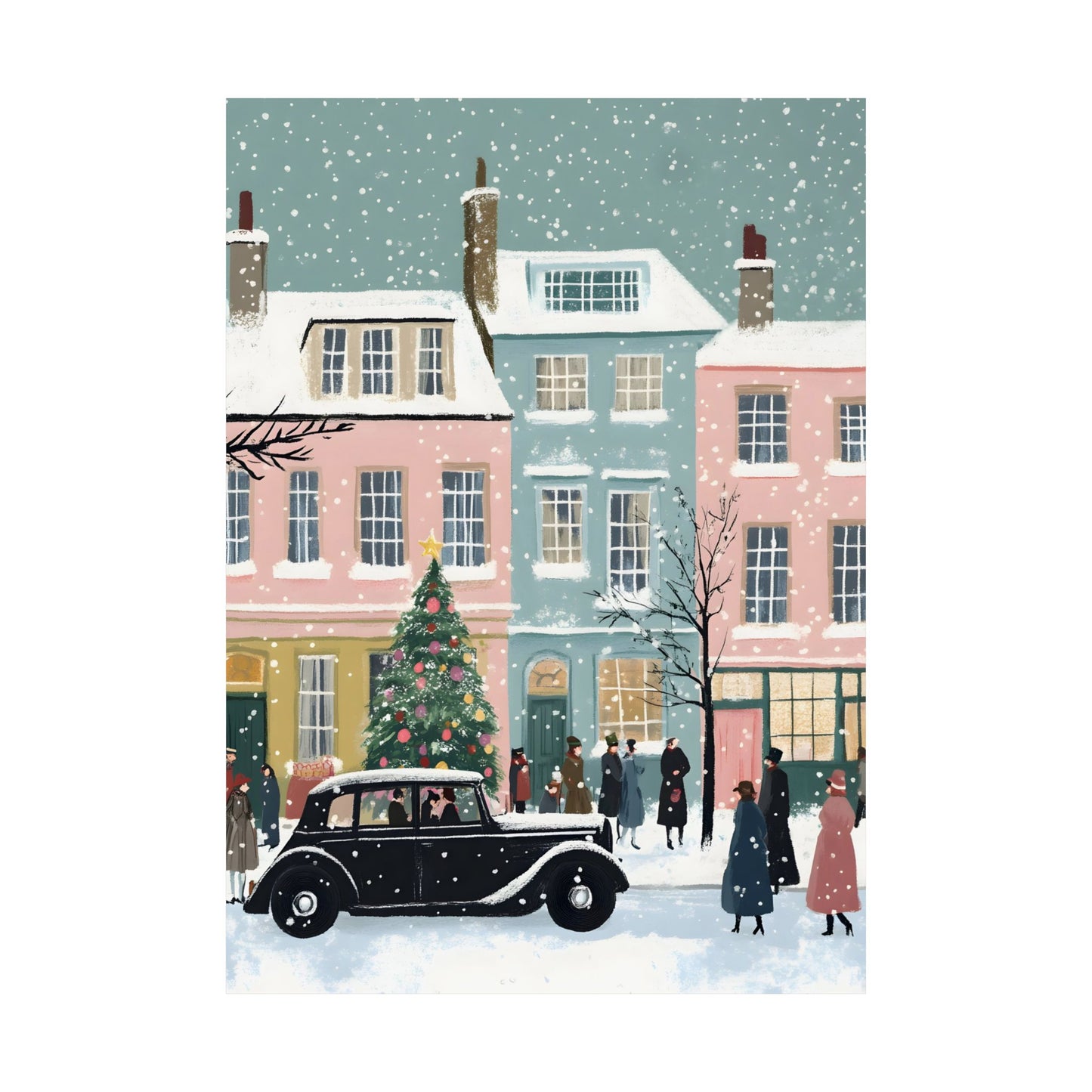Whimsical Vintage Christmas Town Scene Matte Vertical Poster Art Print