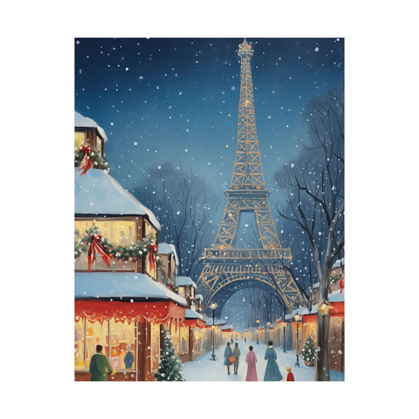 Parisian Winter Market with Eiffel Tower Matte Vertical Poster Art Print