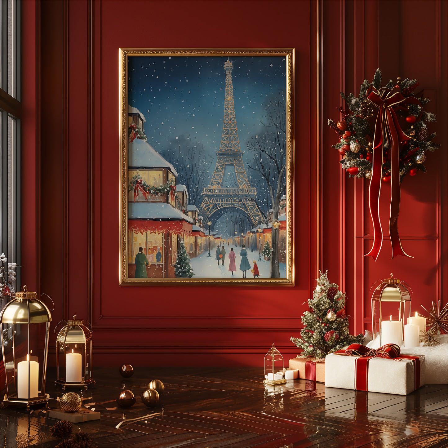 Parisian Winter Market with Eiffel Tower Matte Vertical Poster Art Print