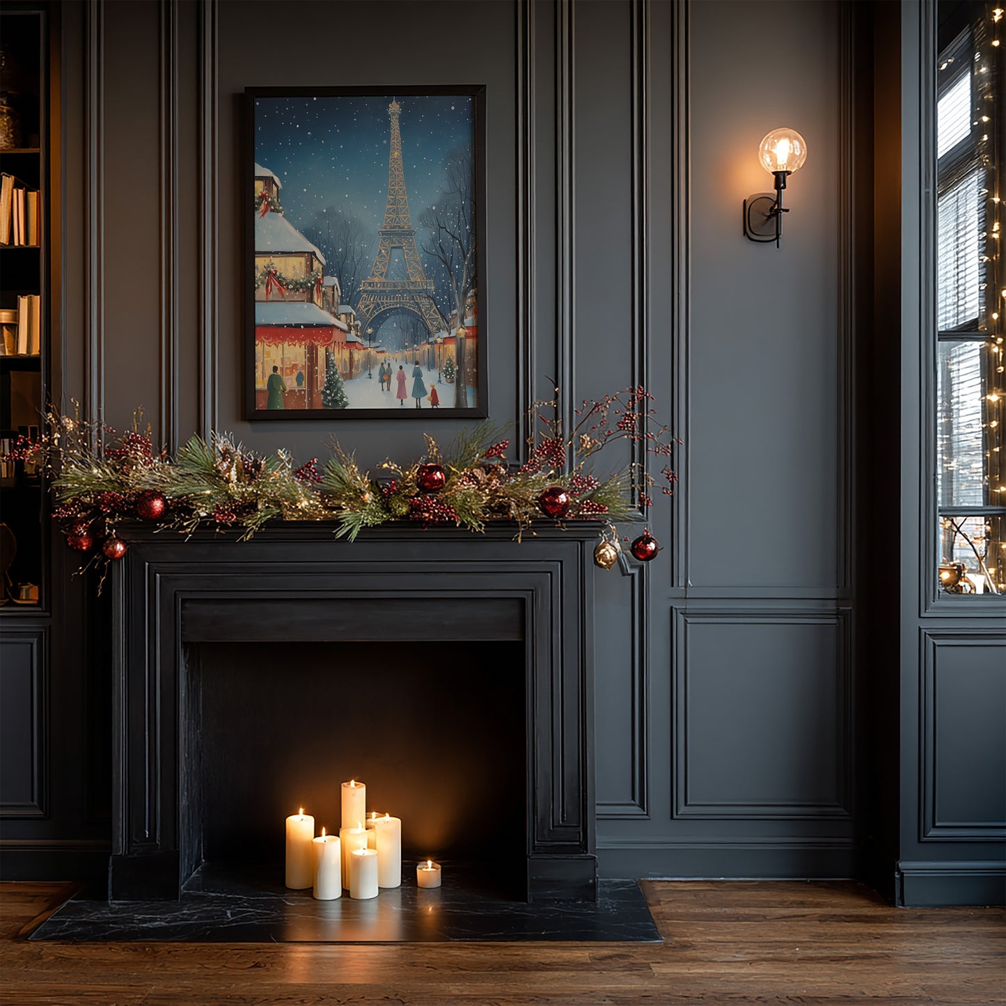 Parisian Winter Market with Eiffel Tower Matte Vertical Poster Art Print