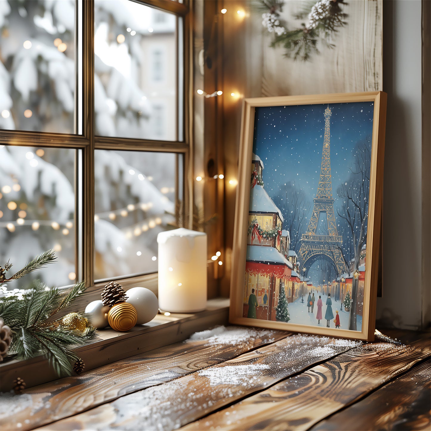 Parisian Winter Market with Eiffel Tower Matte Vertical Poster Art Print