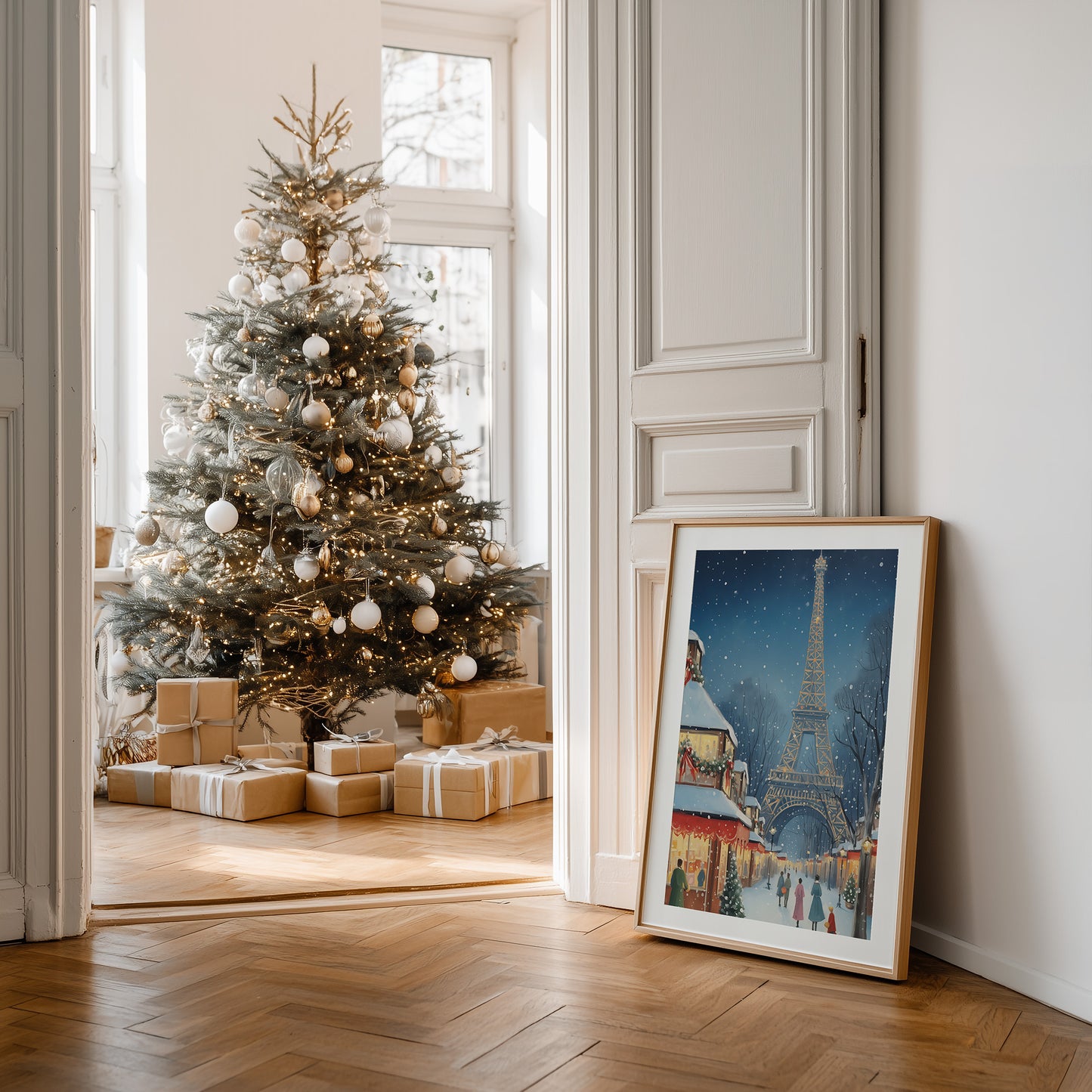 Parisian Winter Market with Eiffel Tower Matte Vertical Poster Art Print