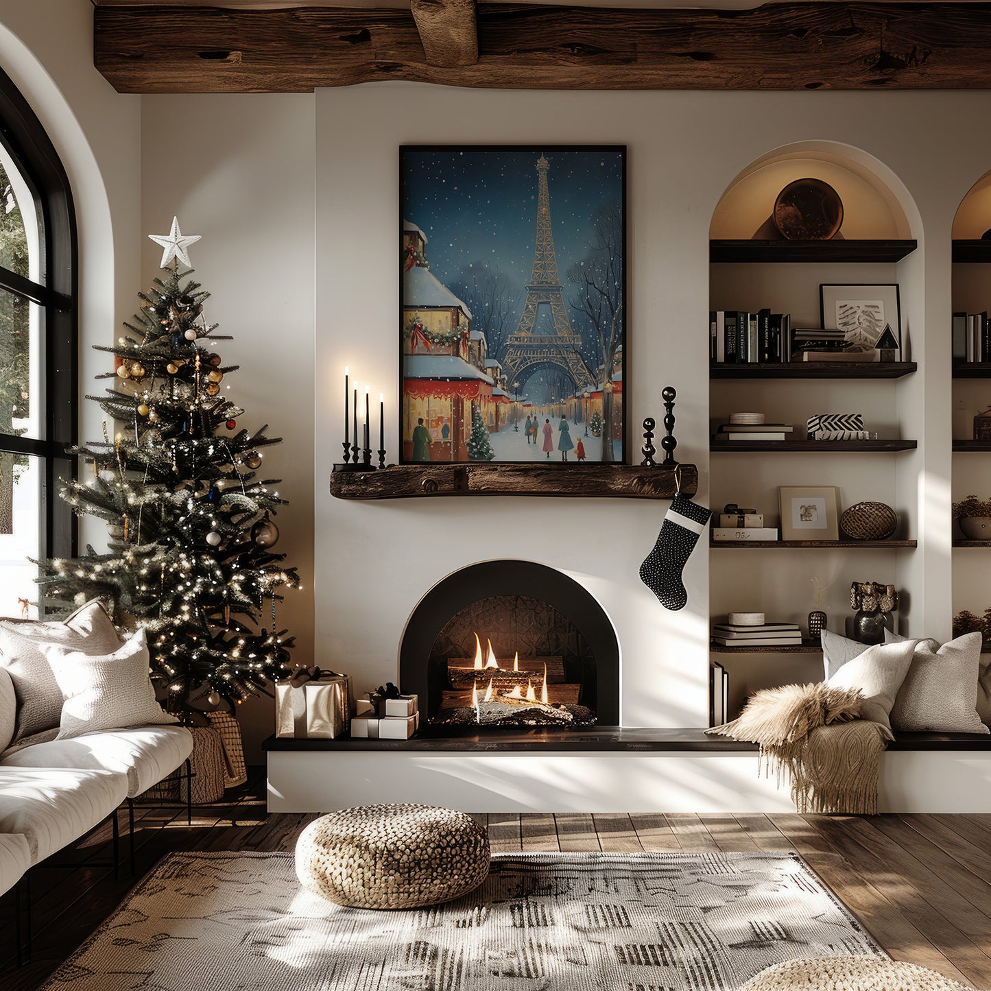 Parisian Winter Market with Eiffel Tower Matte Vertical Poster Art Print