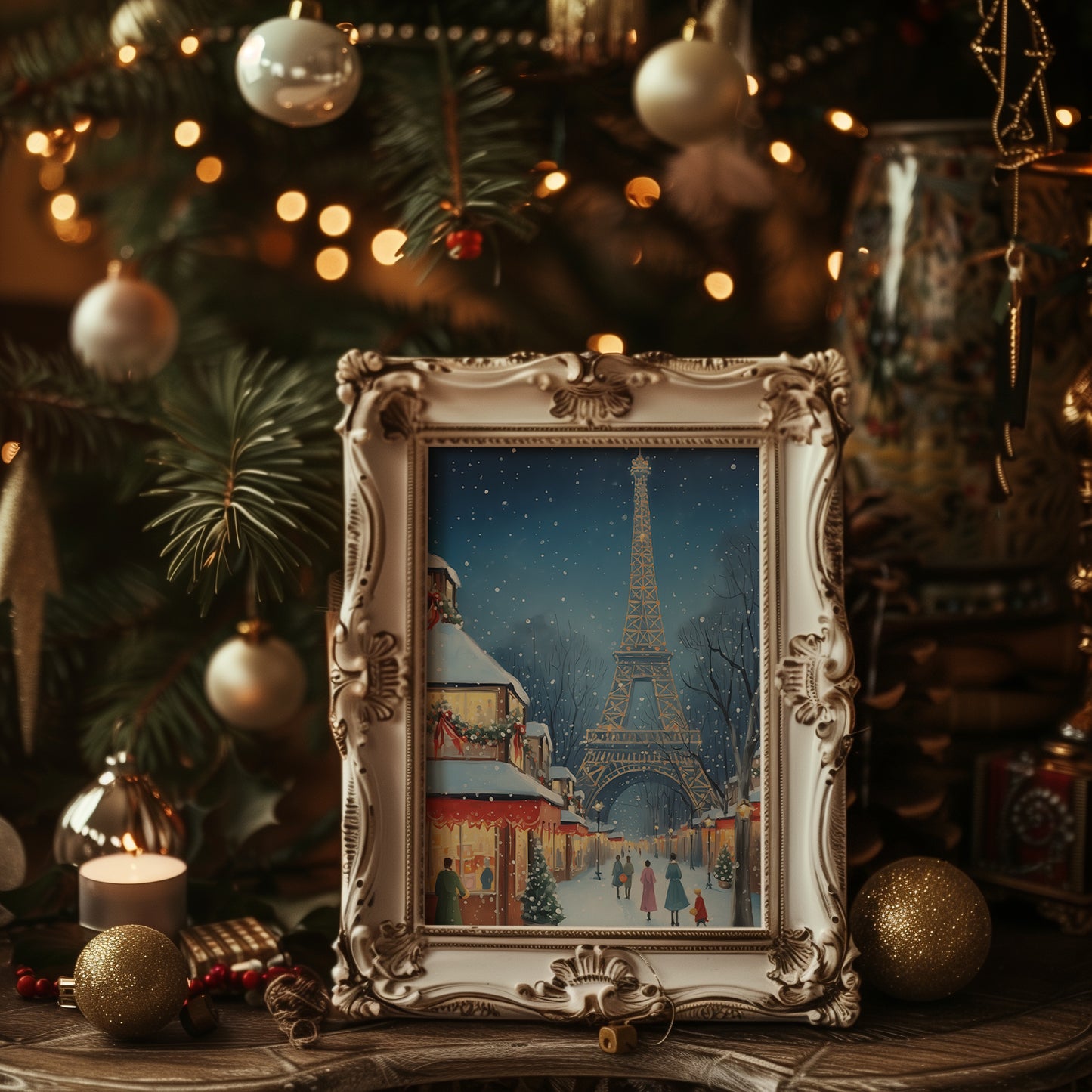 Parisian Winter Market with Eiffel Tower Matte Vertical Poster Art Print