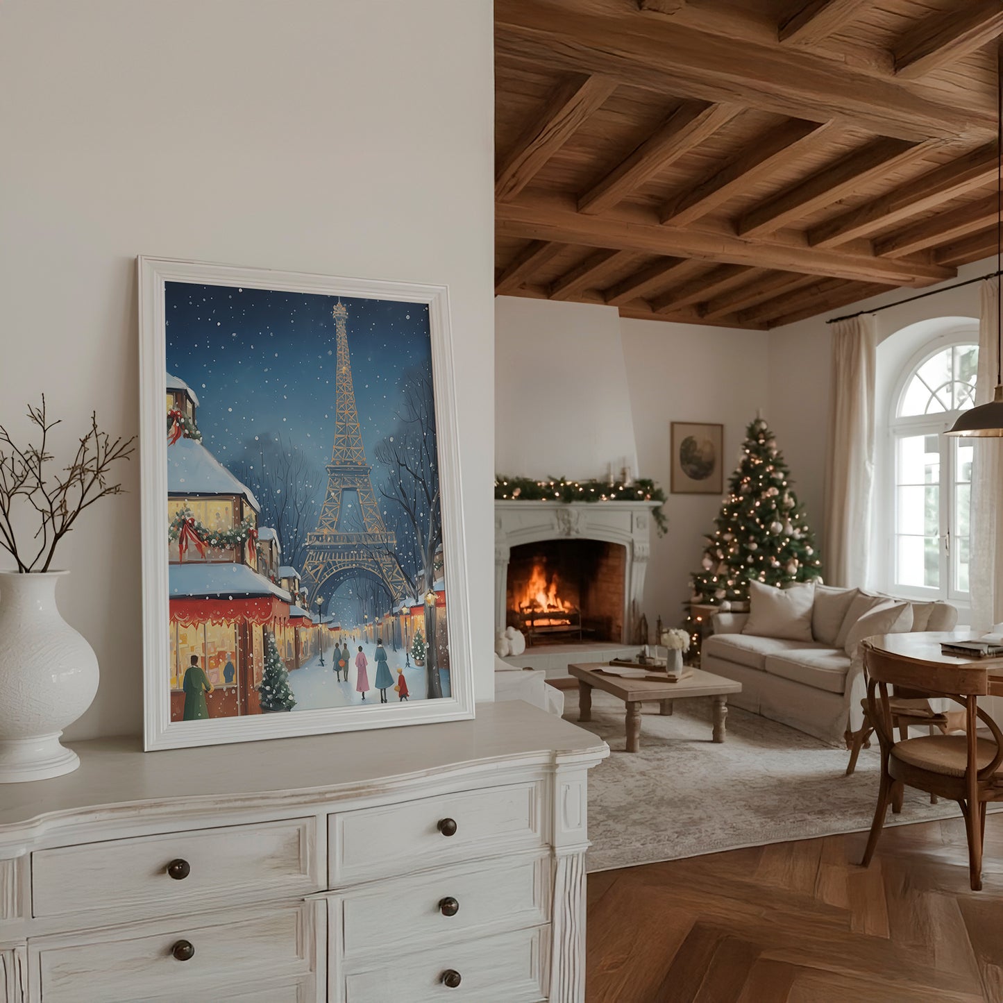 Parisian Winter Market with Eiffel Tower Matte Vertical Poster Art Print