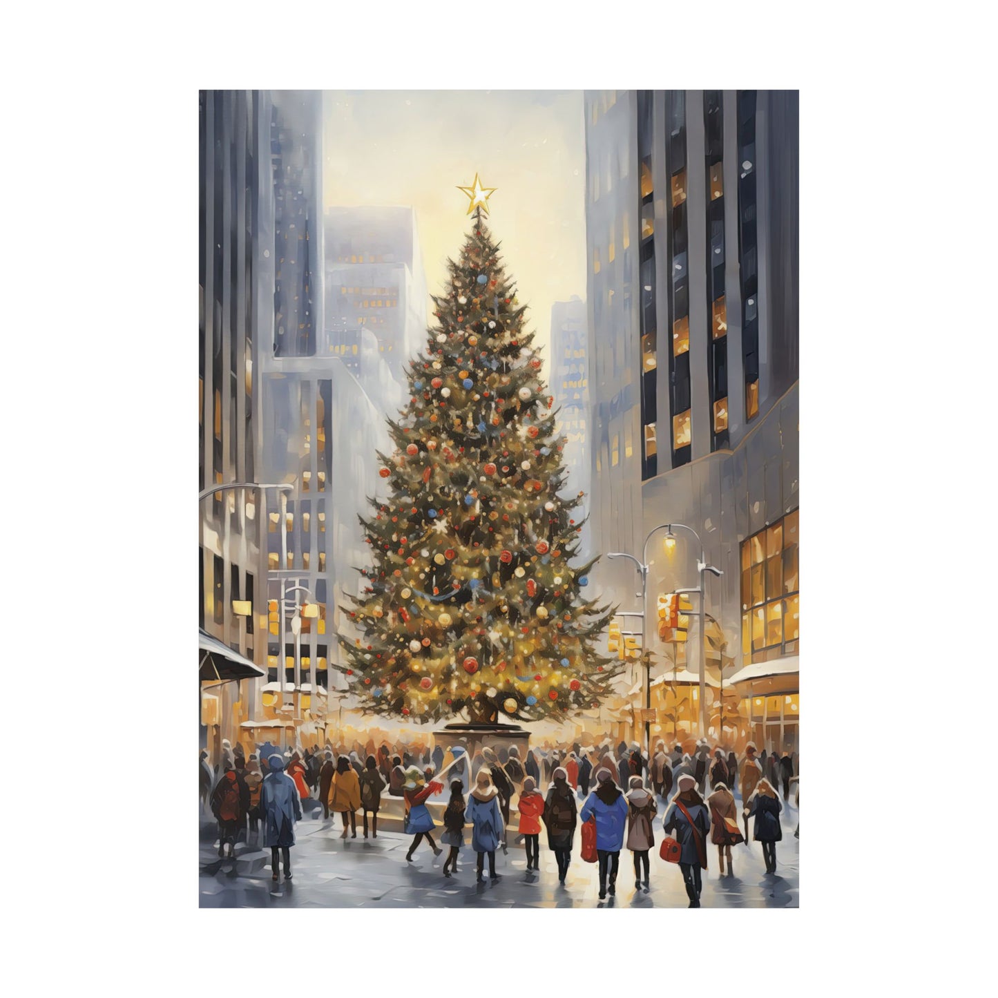 City Center Christmas Tree Winter Scene Matte Vertical Poster Art Print