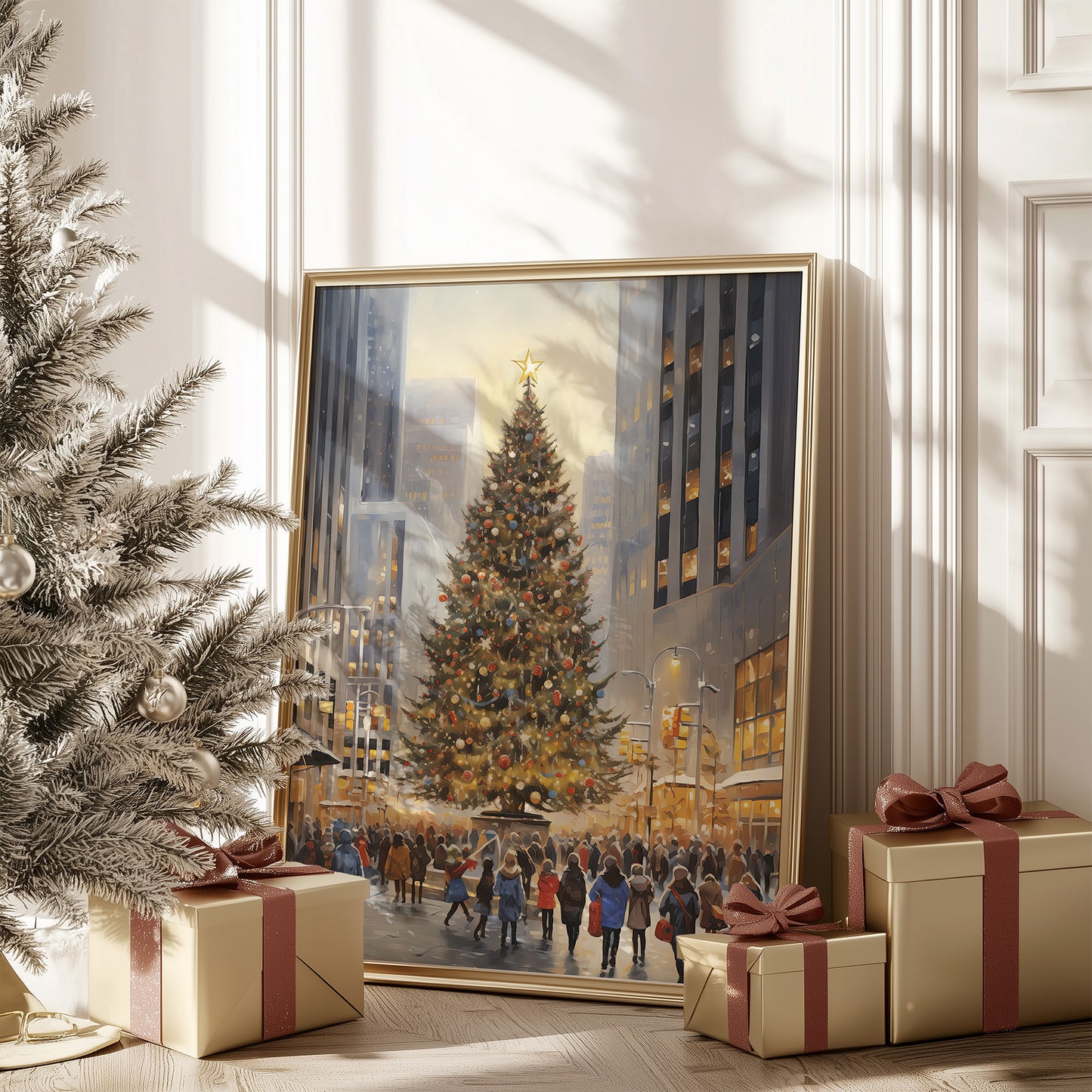 City Center Christmas Tree Winter Scene Matte Vertical Poster Art Print