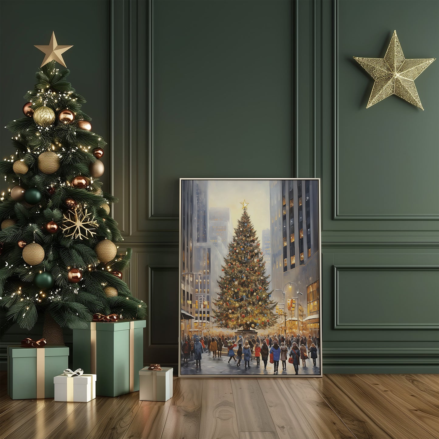 City Center Christmas Tree Winter Scene Matte Vertical Poster Art Print