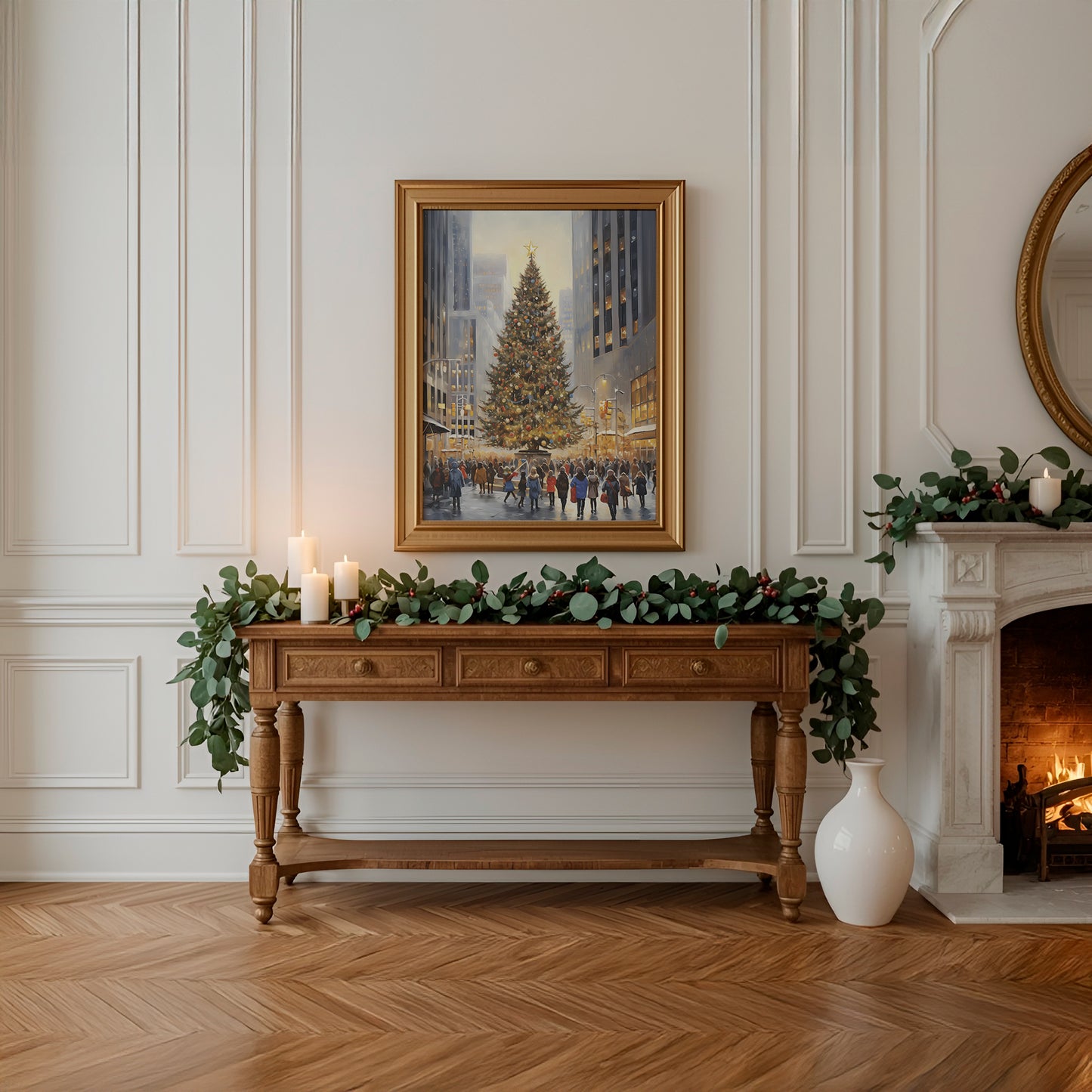 City Center Christmas Tree Winter Scene Matte Vertical Poster Art Print