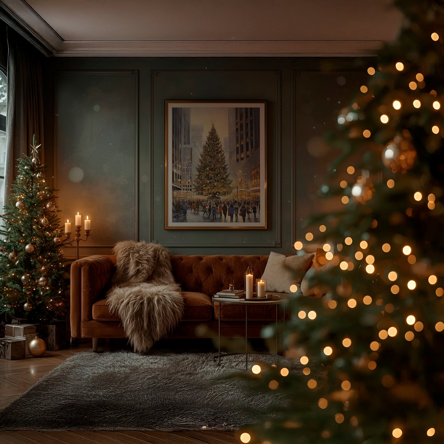 City Center Christmas Tree Winter Scene Matte Vertical Poster Art Print