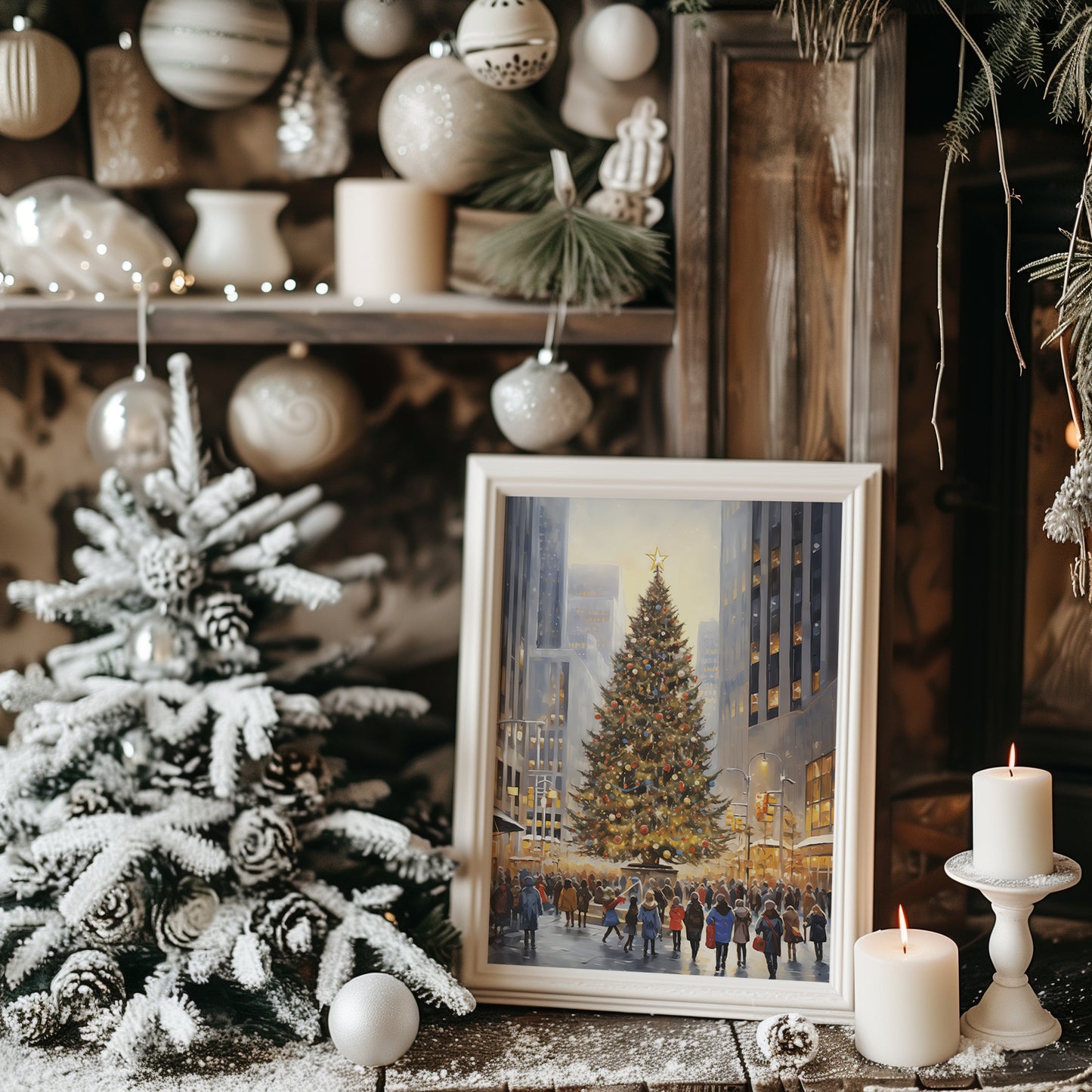 City Center Christmas Tree Winter Scene Matte Vertical Poster Art Print