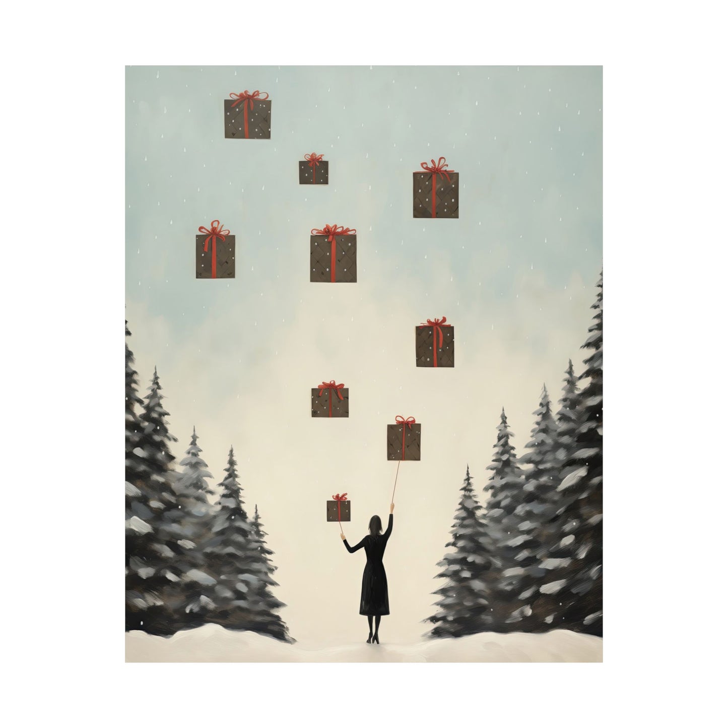 Lady with Floating Christmas Gifts Abstract Style Matte Vertical Poster Art Print