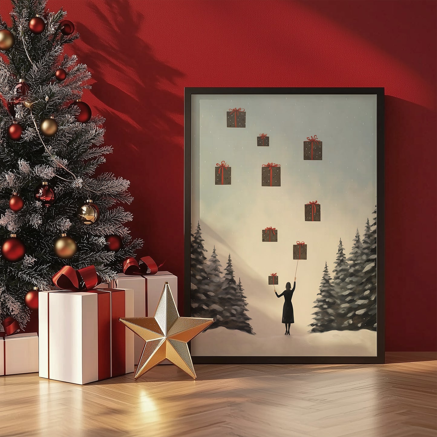 Lady with Floating Christmas Gifts Abstract Style Matte Vertical Poster Art Print