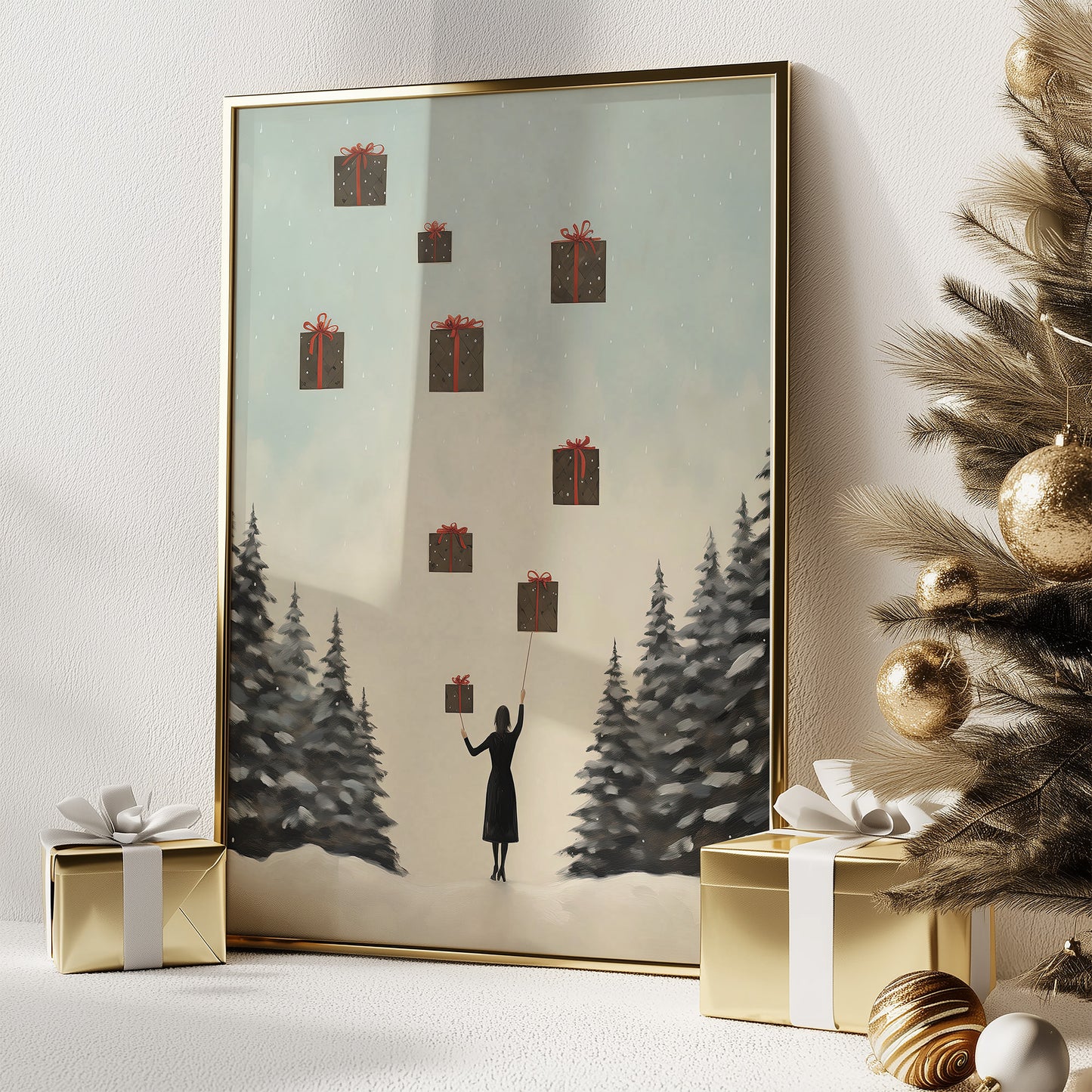 Lady with Floating Christmas Gifts Abstract Style Matte Vertical Poster Art Print