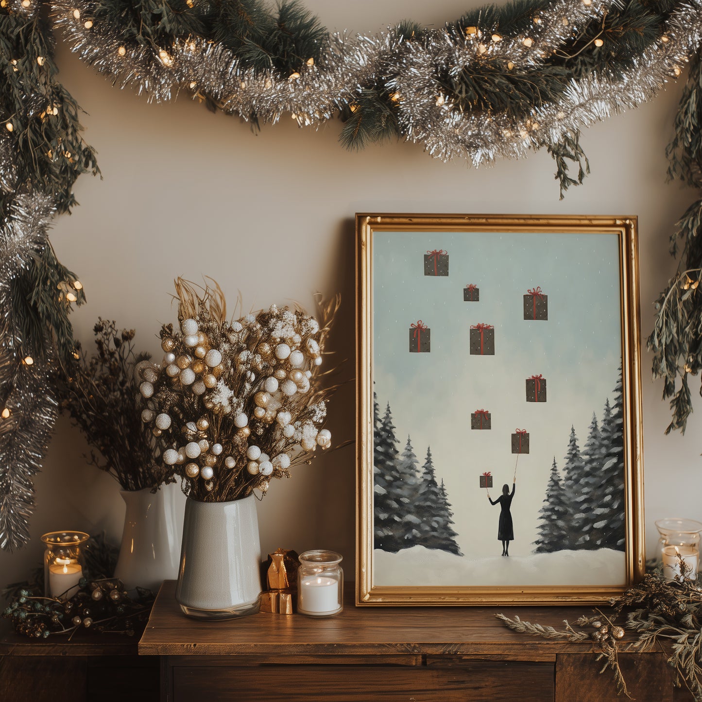 Lady with Floating Christmas Gifts Abstract Style Matte Vertical Poster Art Print