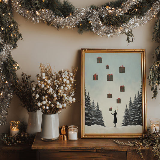 Lady with Floating Christmas Gifts Abstract Style Matte Vertical Poster Art Print