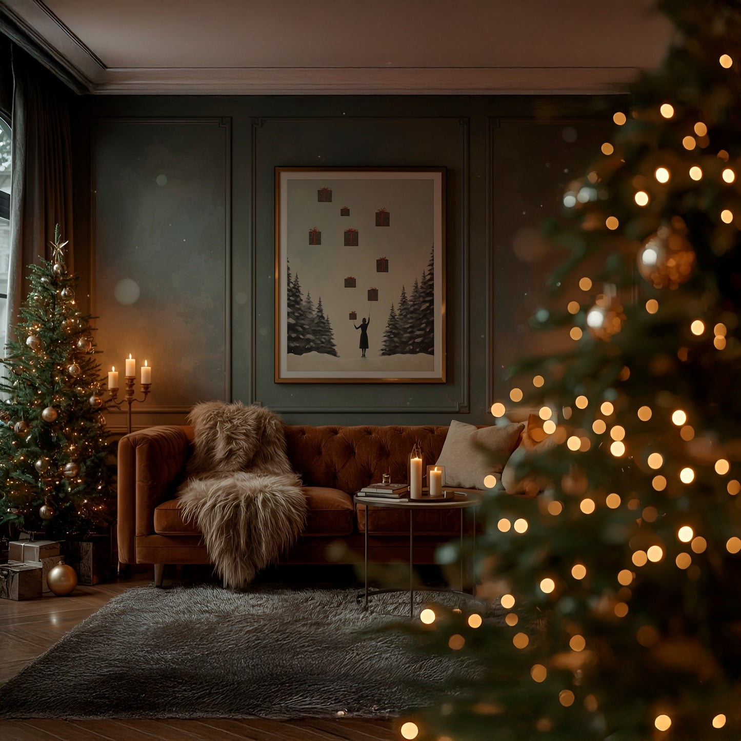 Lady with Floating Christmas Gifts Abstract Style Matte Vertical Poster Art Print