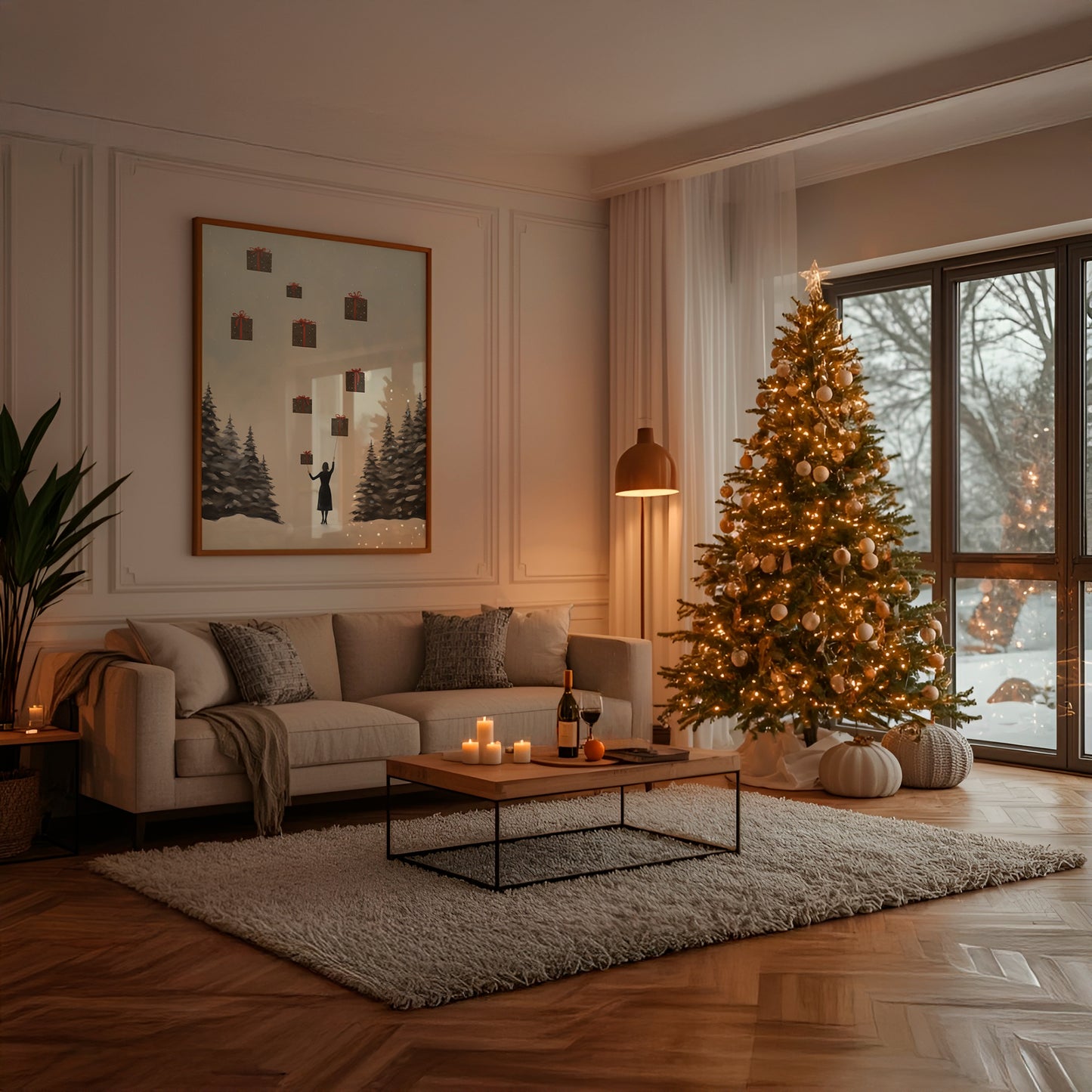 Lady with Floating Christmas Gifts Abstract Style Matte Vertical Poster Art Print