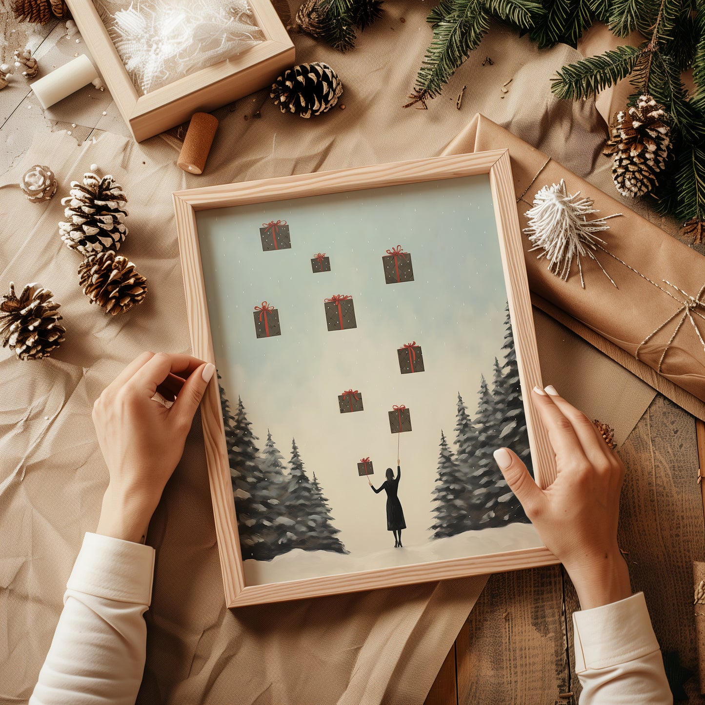 Lady with Floating Christmas Gifts Abstract Style Matte Vertical Poster Art Print
