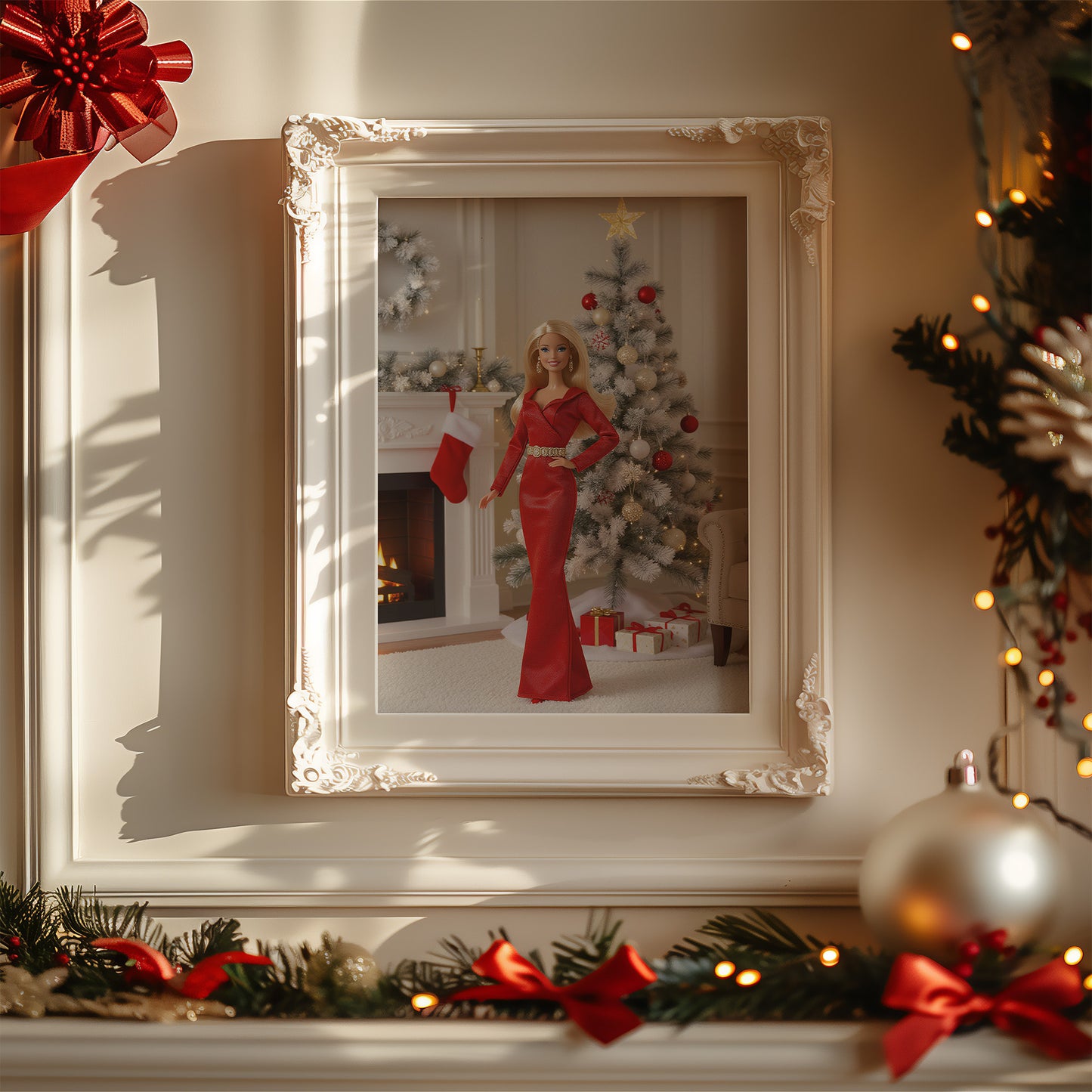 Retro 80s Babe Doll with Red and White Christmas Tree Matte Vertical Poster Art Print