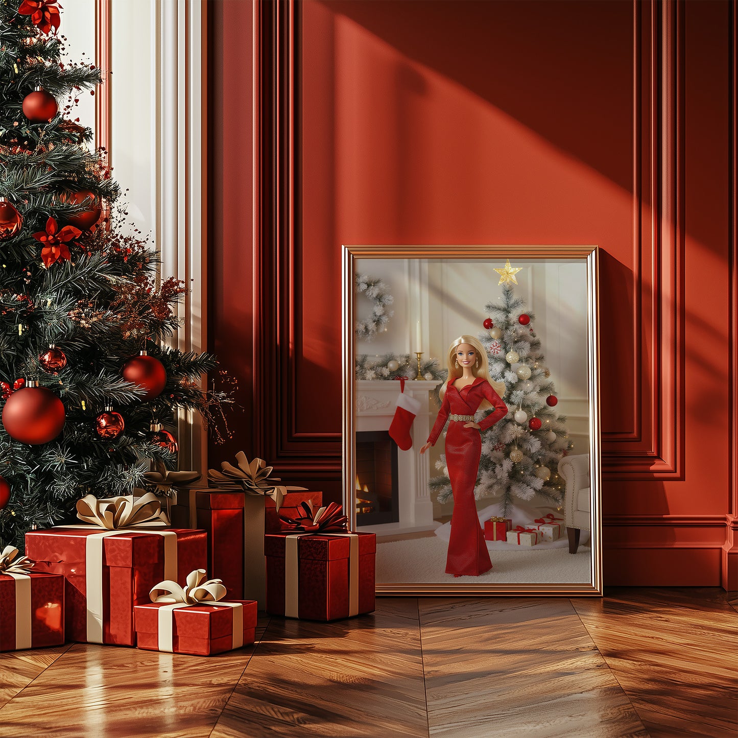 Retro 80s Babe Doll with Red and White Christmas Tree Matte Vertical Poster Art Print