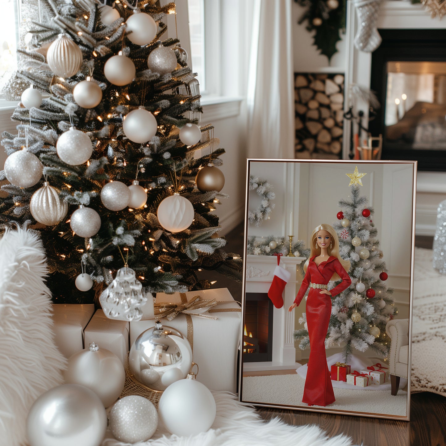 Retro 80s Babe Doll with Red and White Christmas Tree Matte Vertical Poster Art Print