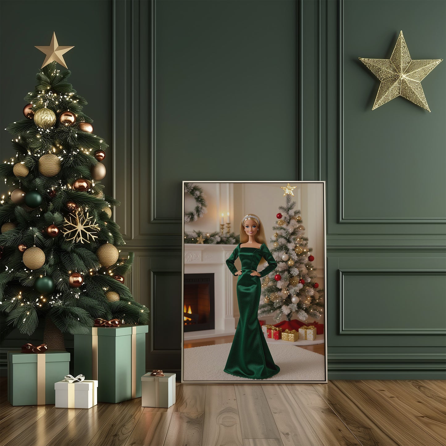 Fancy Festive Christmas Babe Doll in Green Matte Vertical Poster Art Print