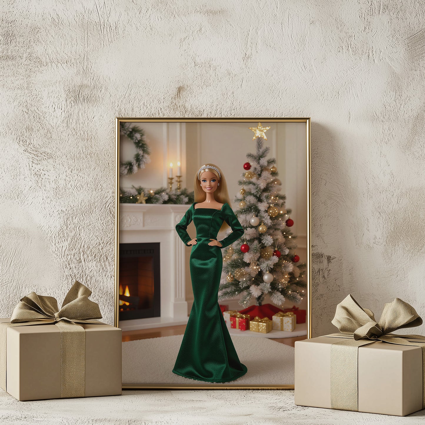 Fancy Festive Christmas Babe Doll in Green Matte Vertical Poster Art Print