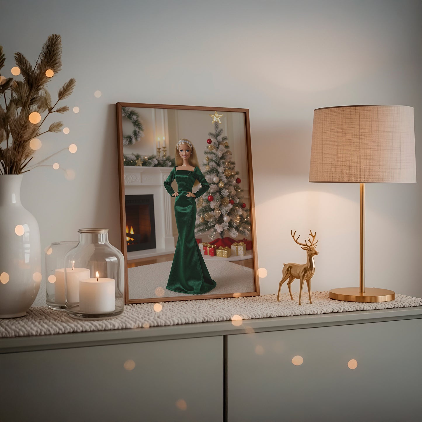 Fancy Festive Christmas Babe Doll in Green Matte Vertical Poster Art Print