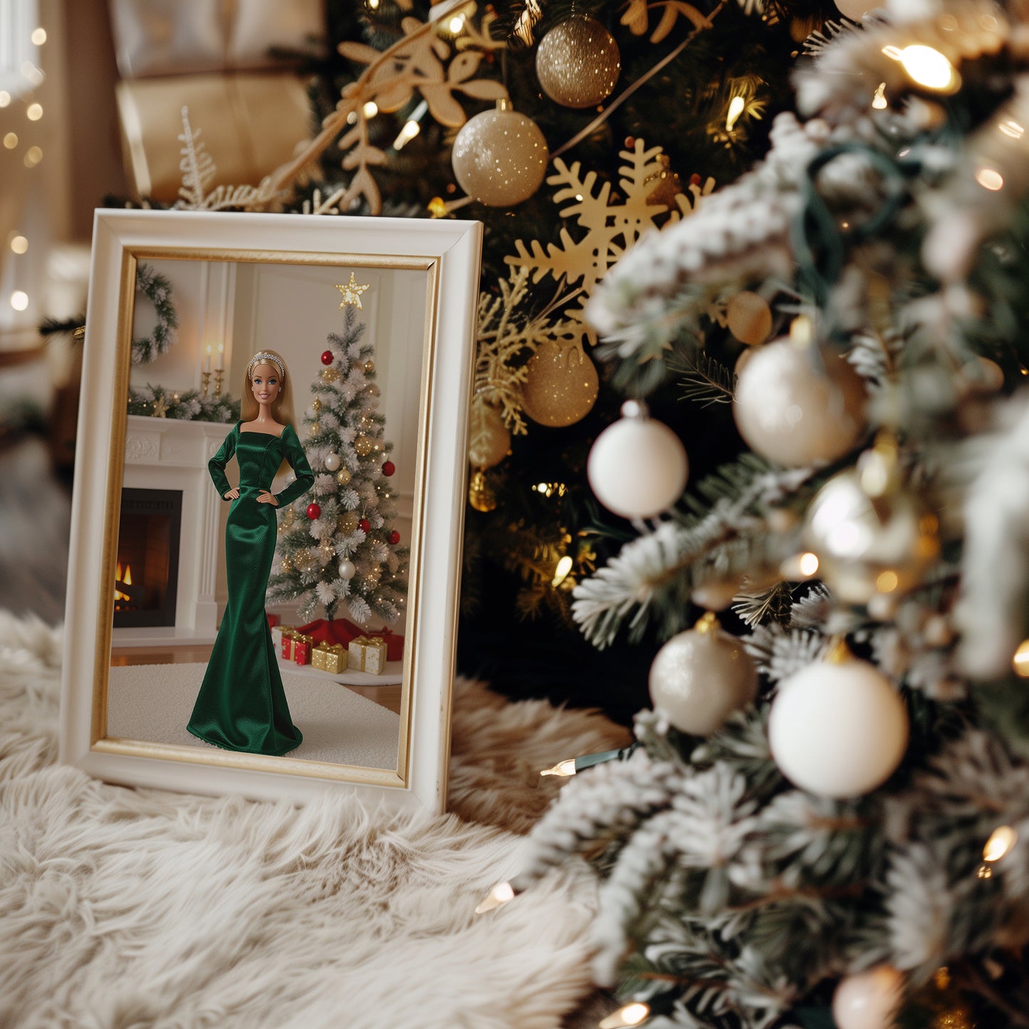 Fancy Festive Christmas Babe Doll in Green Matte Vertical Poster Art Print