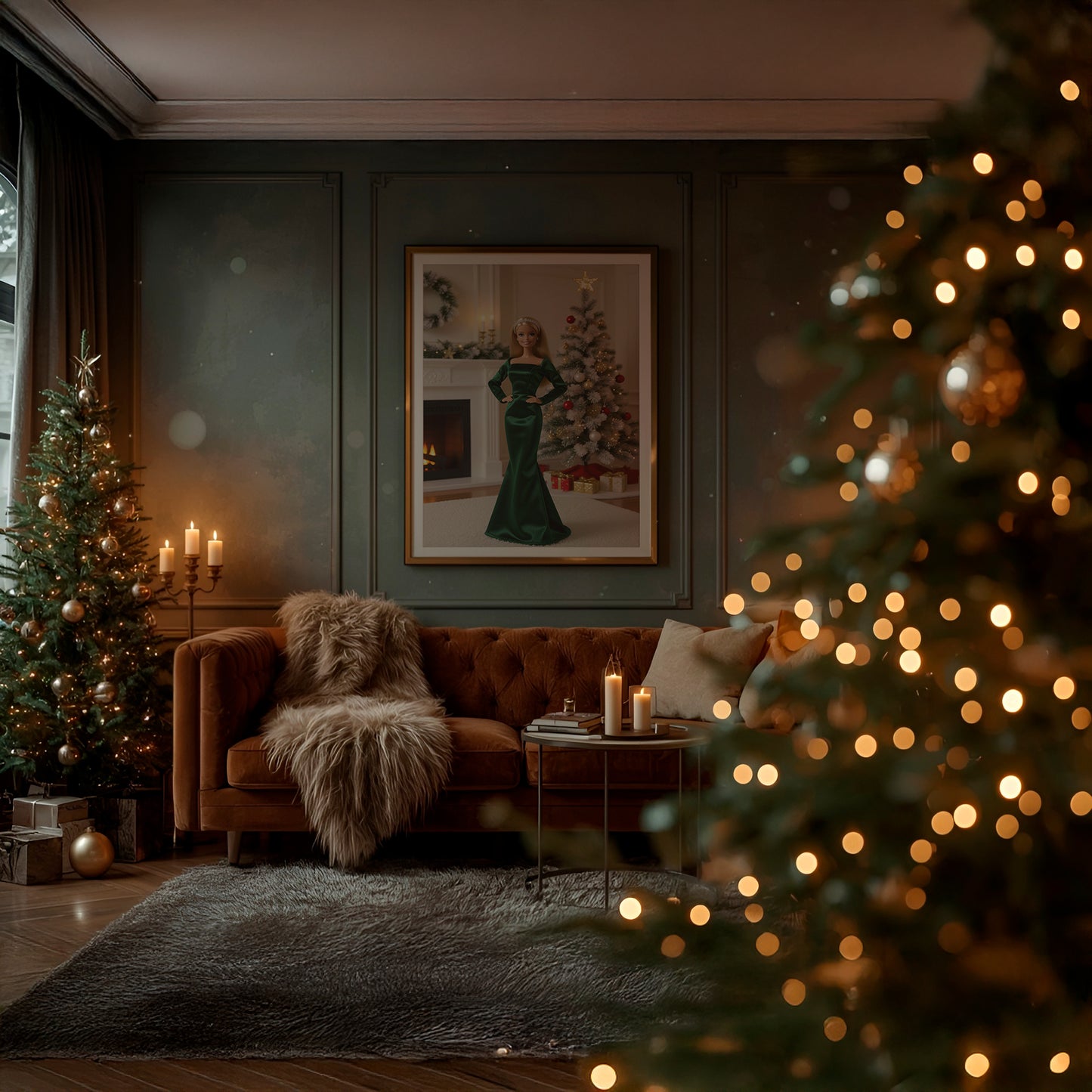 Fancy Festive Christmas Babe Doll in Green Matte Vertical Poster Art Print