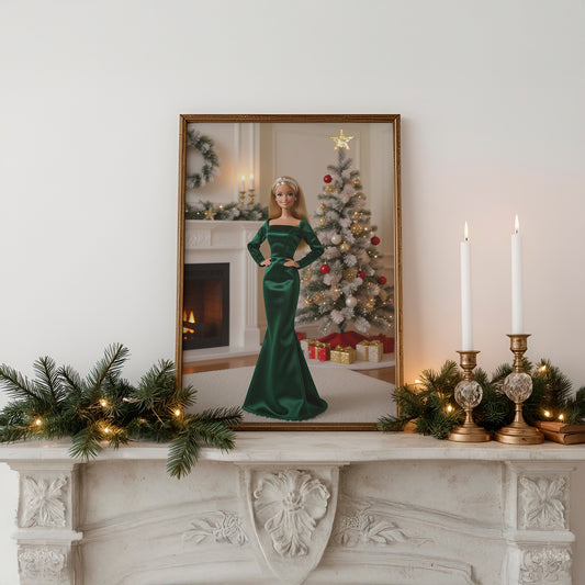 Fancy Festive Christmas Babe Doll in Green Matte Vertical Poster Art Print