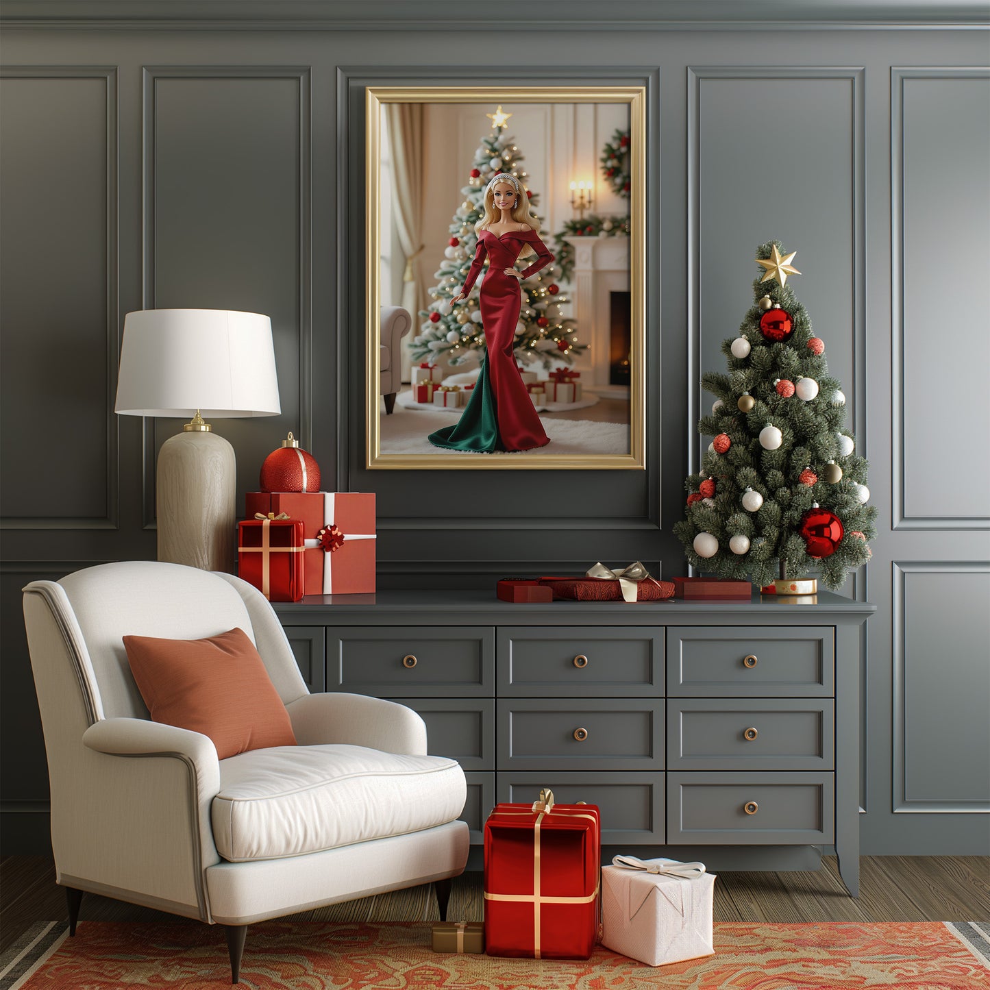 Festive Fancy Christmas Babe Doll in Green and Red Matte Vertical Poster Art Print