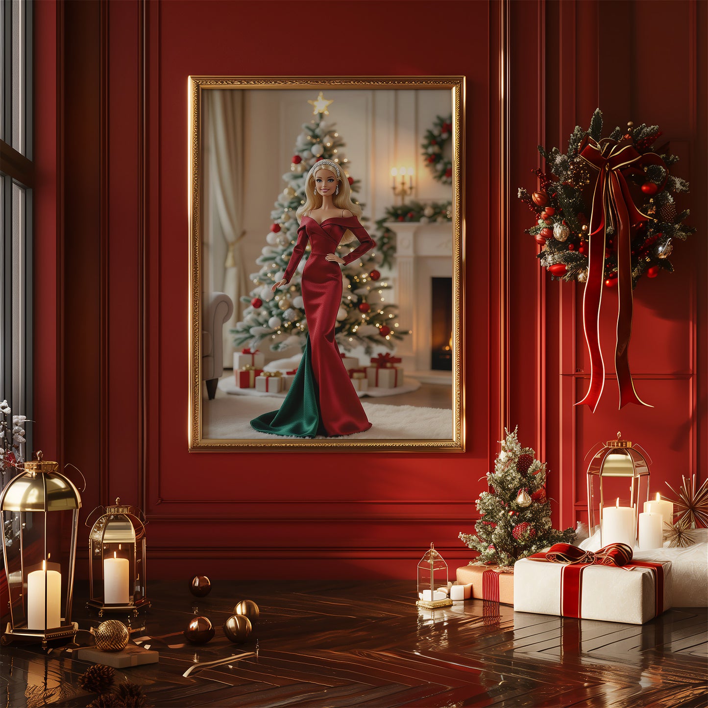 Festive Fancy Christmas Babe Doll in Green and Red Matte Vertical Poster Art Print