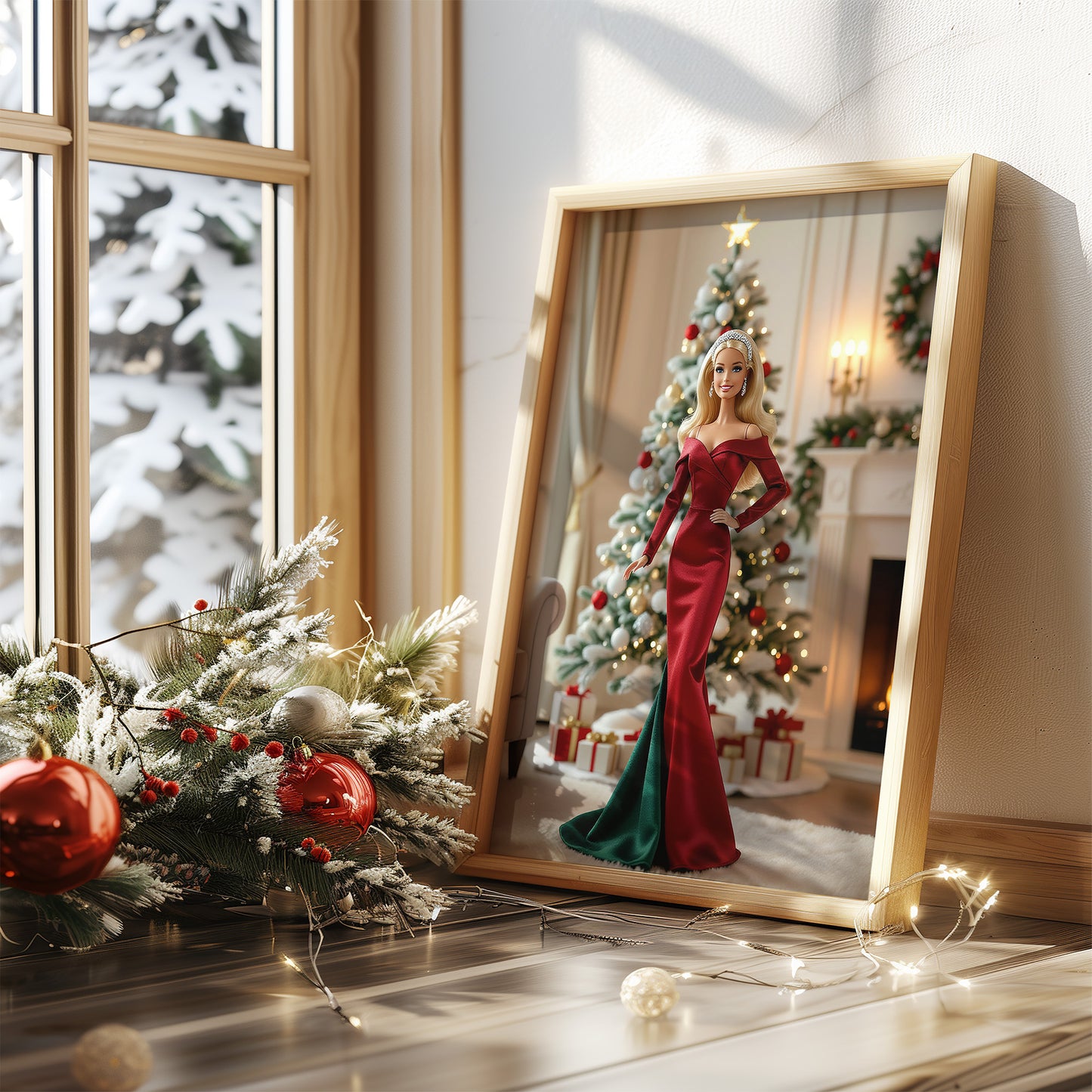 Festive Fancy Christmas Babe Doll in Green and Red Matte Vertical Poster Art Print