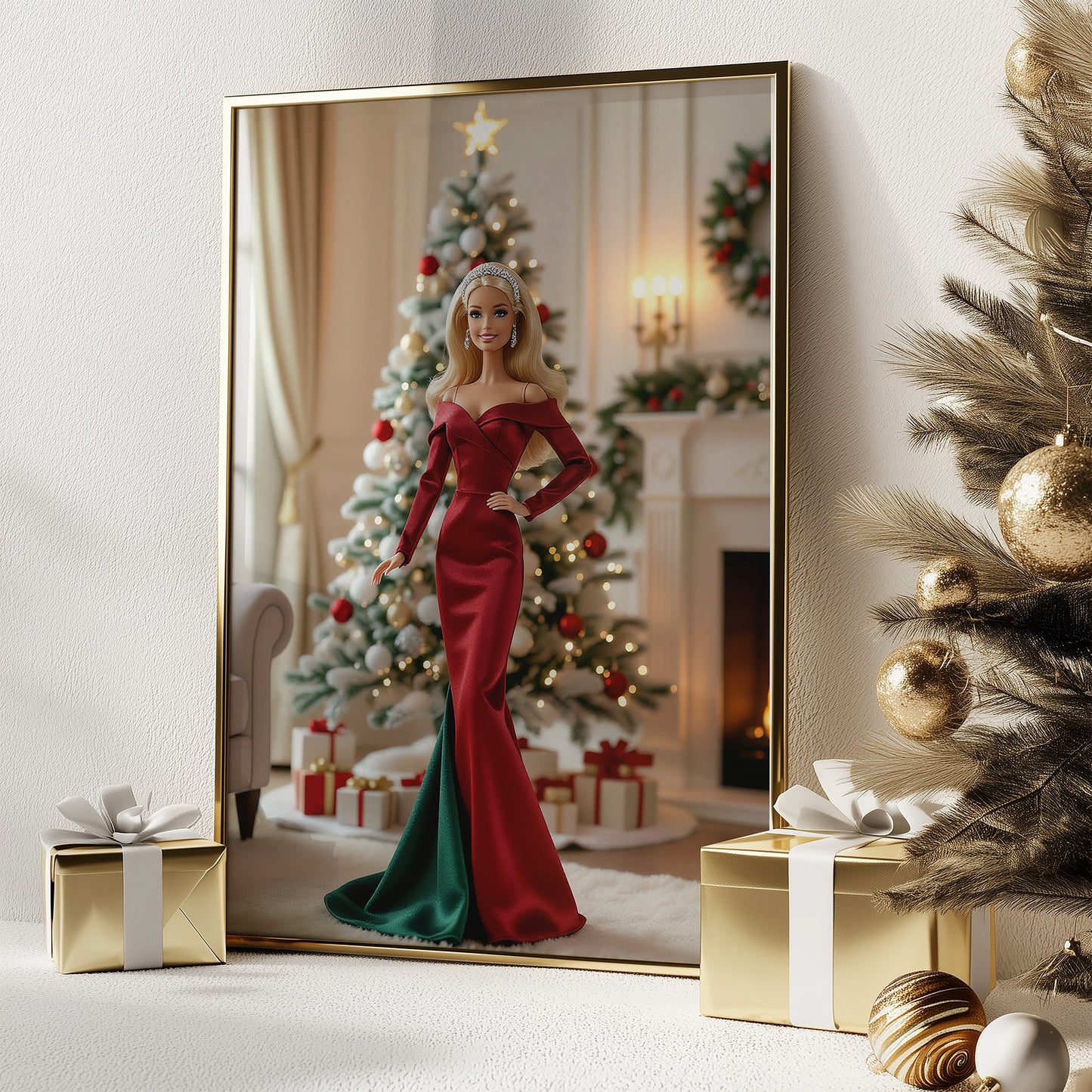 Festive Fancy Christmas Babe Doll in Green and Red Matte Vertical Poster Art Print