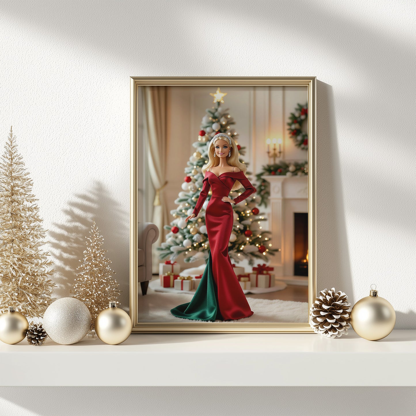 Festive Fancy Christmas Babe Doll in Green and Red Matte Vertical Poster Art Print