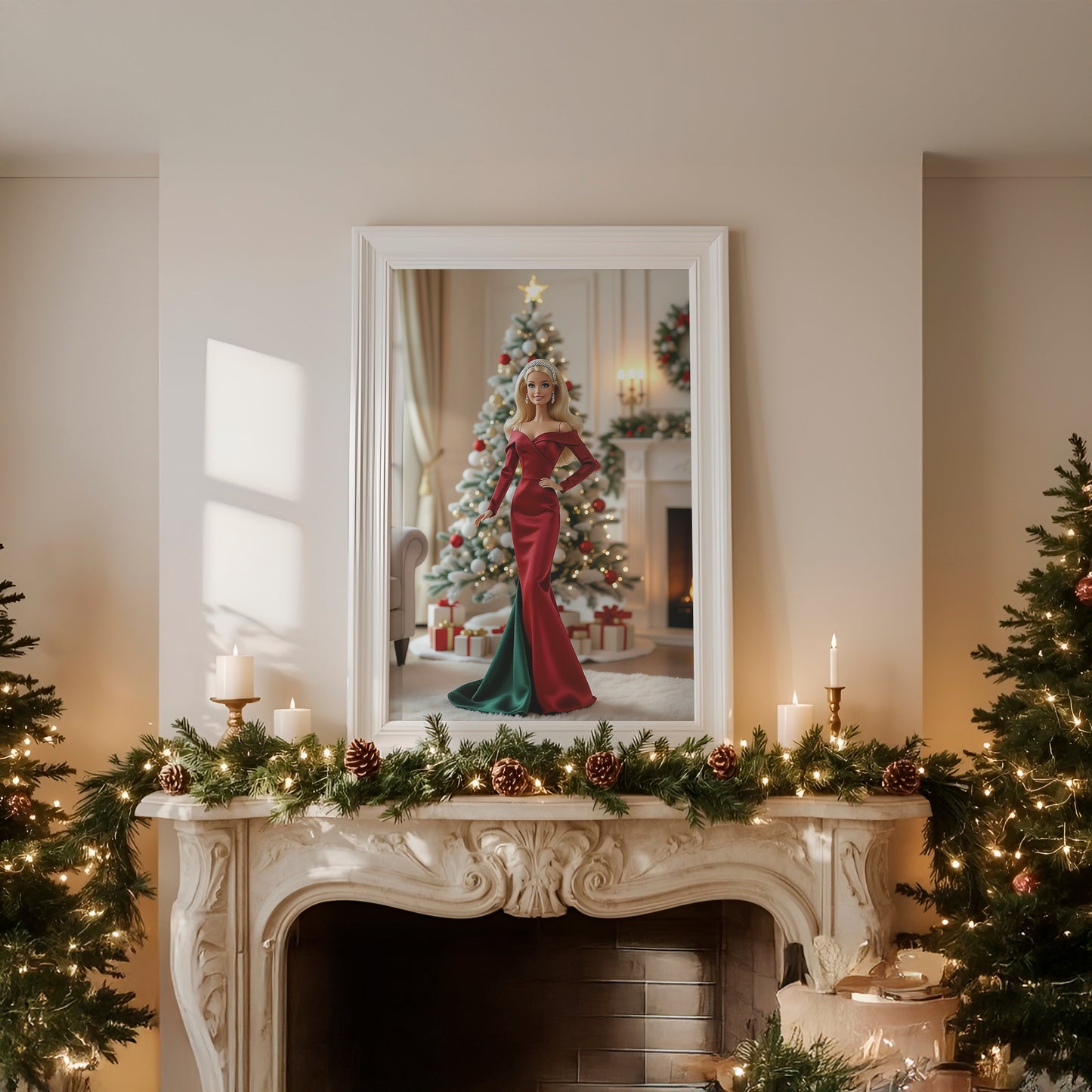 Festive Fancy Christmas Babe Doll in Green and Red Matte Vertical Poster Art Print