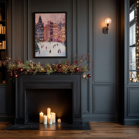 Whimsical Ice Skating in the City Center Winter Scene Matte Vertical Poster Art Print