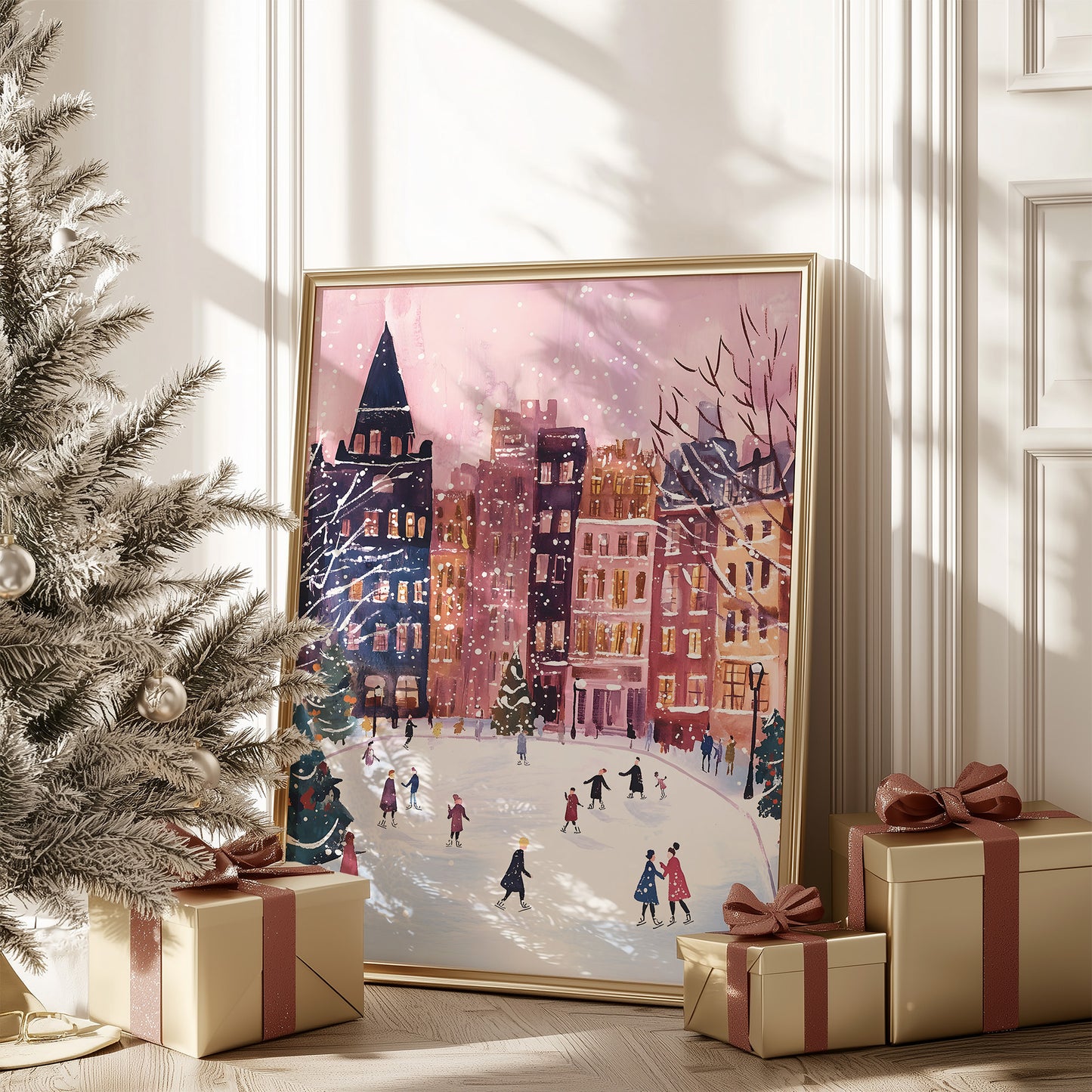 Whimsical Ice Skating in the City Center Winter Scene Matte Vertical Poster Art Print