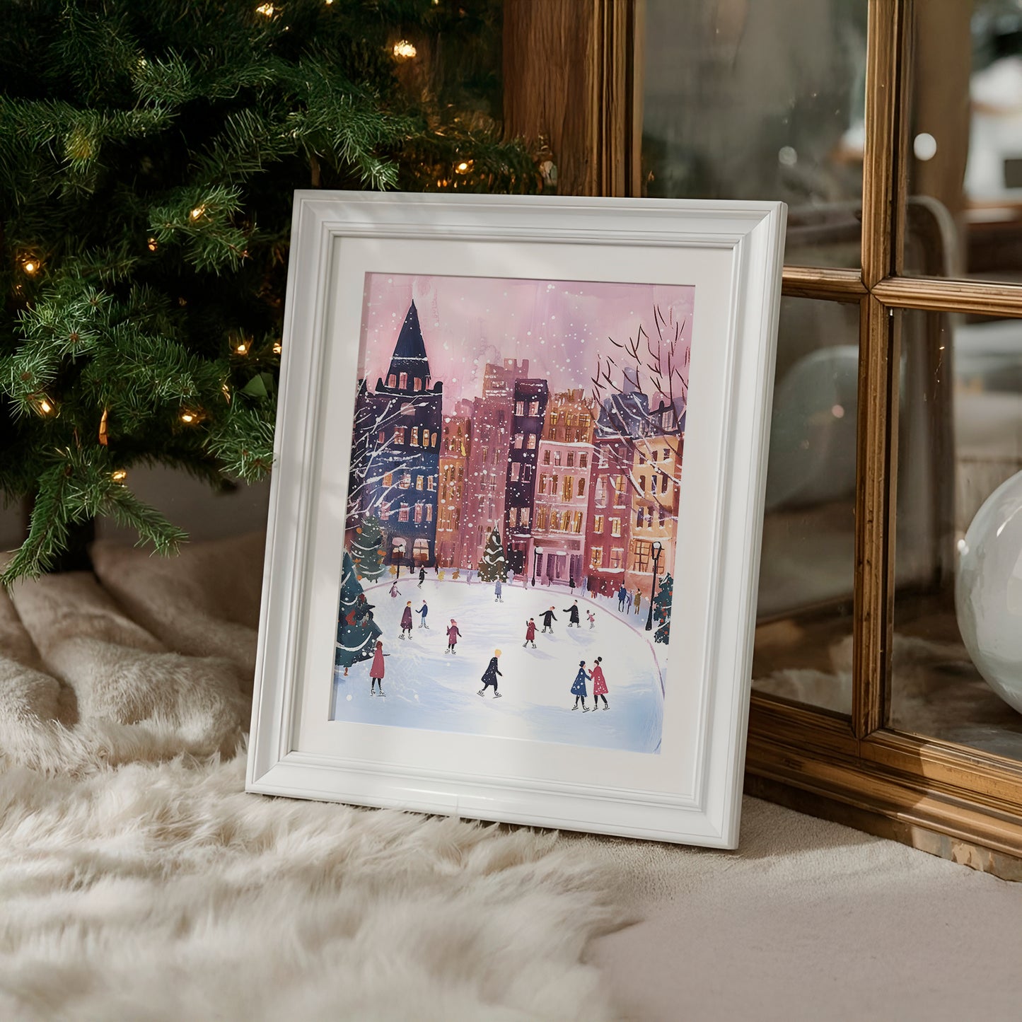 Whimsical Ice Skating in the City Center Winter Scene Matte Vertical Poster Art Print
