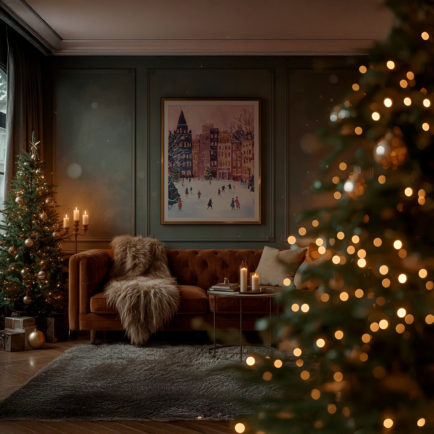 Whimsical Ice Skating in the City Center Winter Scene Matte Vertical Poster Art Print